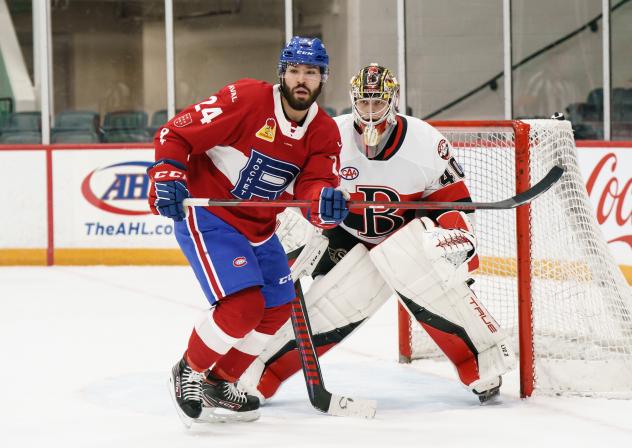 Belleville Senators goaltender Mads Sogaard stands watch against the Laval Rocket