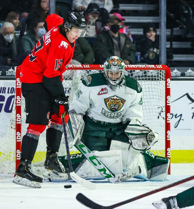 Prince George Cougars centre Koehn Ziemmer challenges the Everett Silvertips