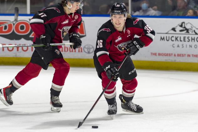 Vancouver Giants right wing Justin Lies with the puck