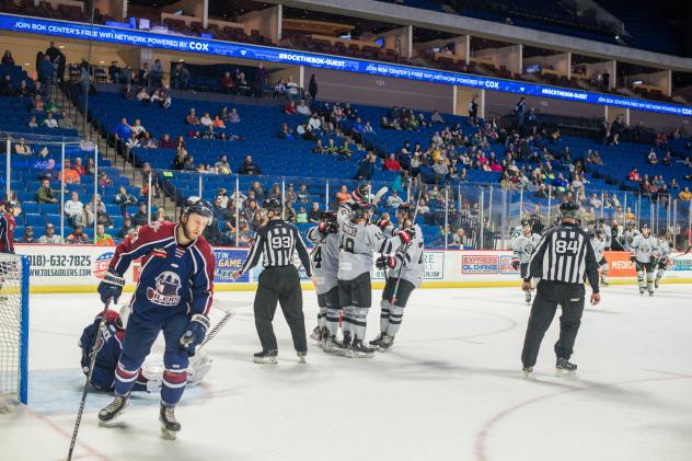 Rapid City Rush celebrate a goal against the Tulsa Oilers