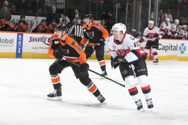 Lehigh Valley Phantoms left wing Garrett Wilson (left) vs. the Belleville Senators