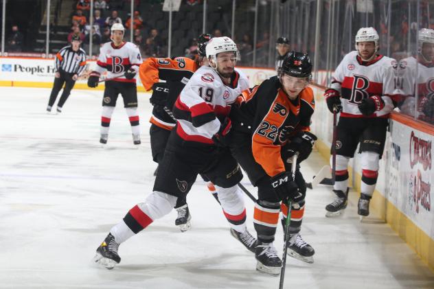 Belleville Senators centre Cedric Pare (left) vs. the Lehigh Valley Phantoms