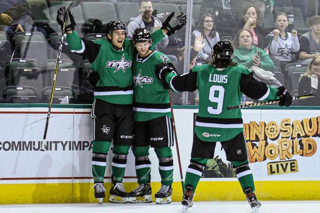 Texas Stars celebrate after a goal against the Manitoba Moose