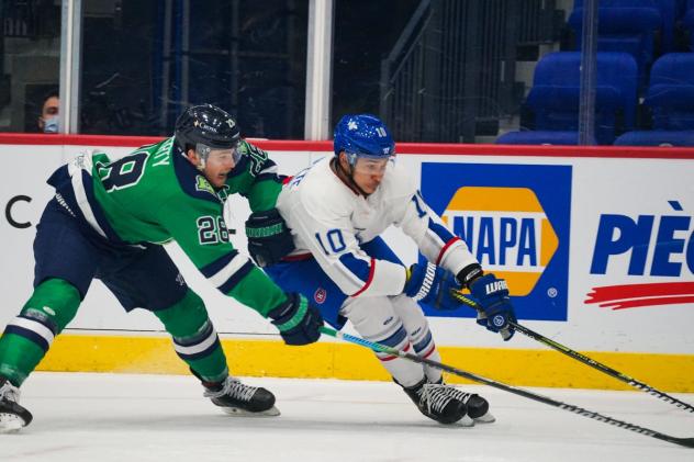 Maine Mariners defenseman Connor Doherty (left)