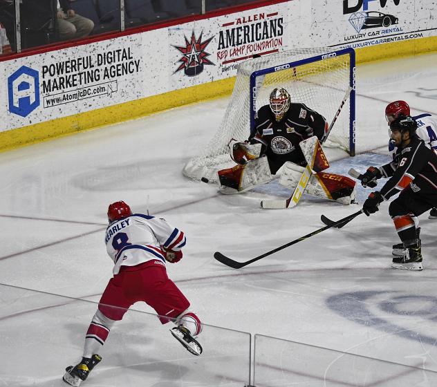 Allen Americans defenseman Jake Kearly takes aim against the Kansas City Mavericks
