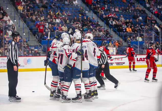 Springfield Thunderbirds celebrate a goal against the Hartford Wolf Pack