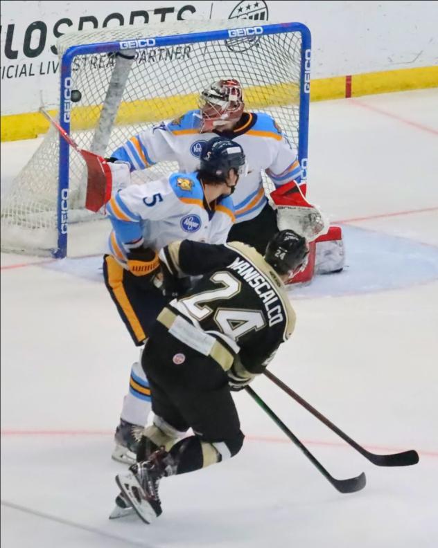 Josh Maniscalco of the Wheeling Nailers scores against the Atlanta Gladiators