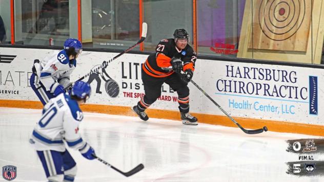 Danbury Hat Tricks forward Cory Anderson against the Watertown Wolves