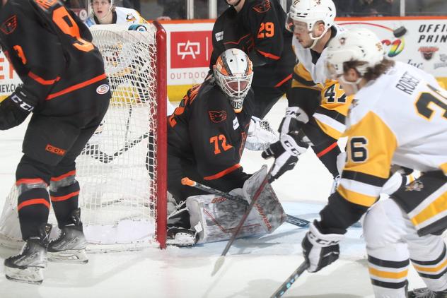 Lehigh Valley Phantoms goaltender Kirill Ustimenko vs. the Wilkes-Barre/Scranton Penguins