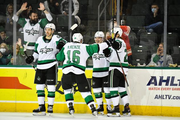 Texas Stars celebrate a goal against the Grand Rapids Griffins
