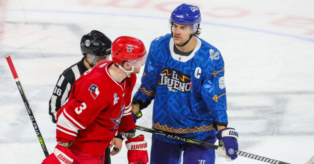 Wichita Thunder defenseman Alex Peters (right) vs. the Allen Americans