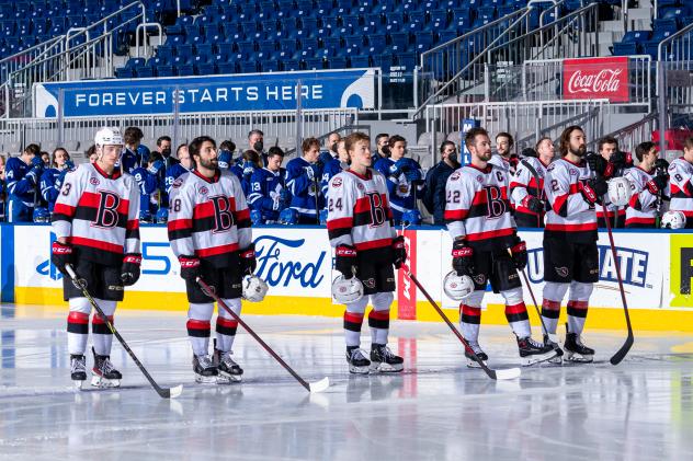Belleville Senators line up before their game with the Toronto Marlies