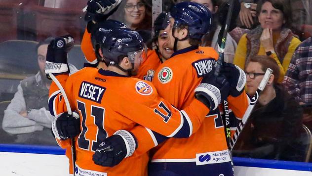 Worcester Railers celebrate a goal against the Utah Grizzlies