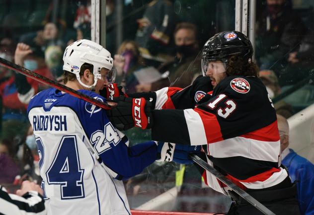 Belleville Senators right wing Egor Sokolov (right) mixes it up with the Syracuse Crunch
