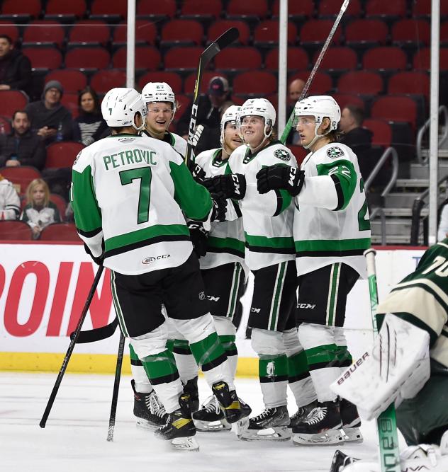 Texas Stars gather after a goal against the Iowa Wild