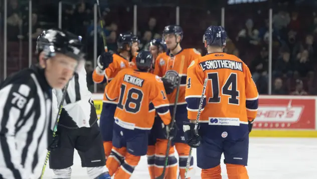 Worcester Railers celebrate a goal against the Iowa Steelheads