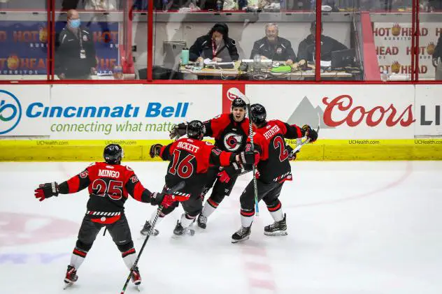 Cincinnati Cyclones react after a goal