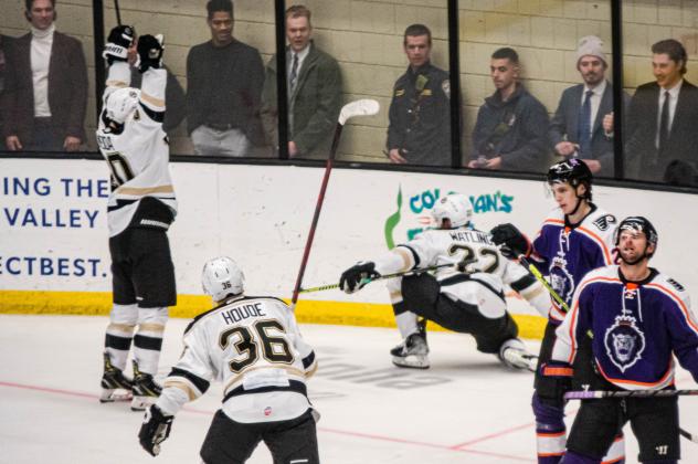Wheeling Nailers celebrate a goal against the Reading Royals