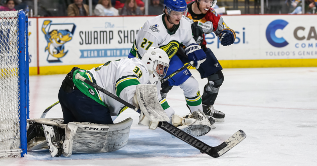 Wichita Thunder goaltender Jake Theut and defenseman Garrett Schmitz vs. the Toledo Walleye
