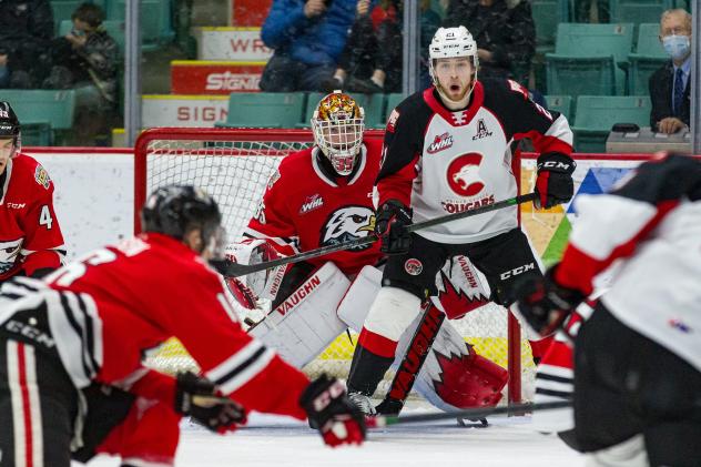 Prince George Cougars in front of the Portland Winterhawks net
