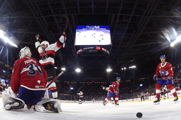 Belleville Senators react after a goal against the Laval Rocket