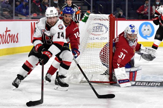 Belleville Senators centre Rourke Chartier against the Laval Rocket
