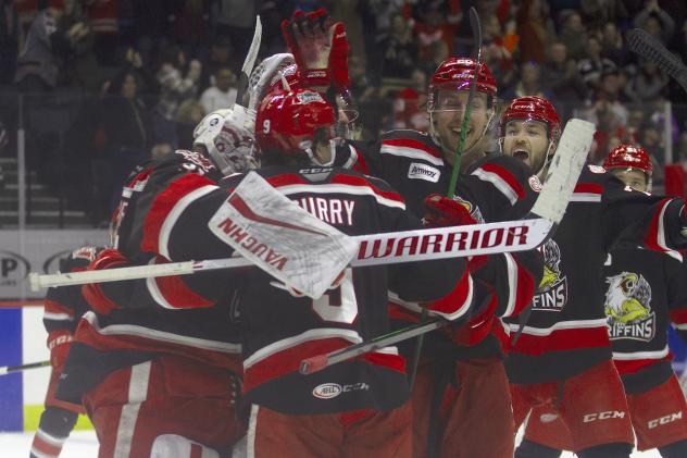 Grand Rapids Griffins celebrate a shootout win