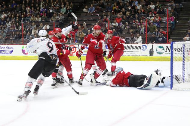 Allen Americans goaltender Antoine Bibeau pounces on a puck