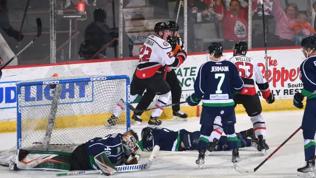 Sebastian Vidmar of the Adirondack Thunder leaves the Maine Mariners in his wake