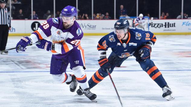 Orlando Solar Bears forward Maxim Cajkovic (left) vs. the Greenville Swamp Rabbits