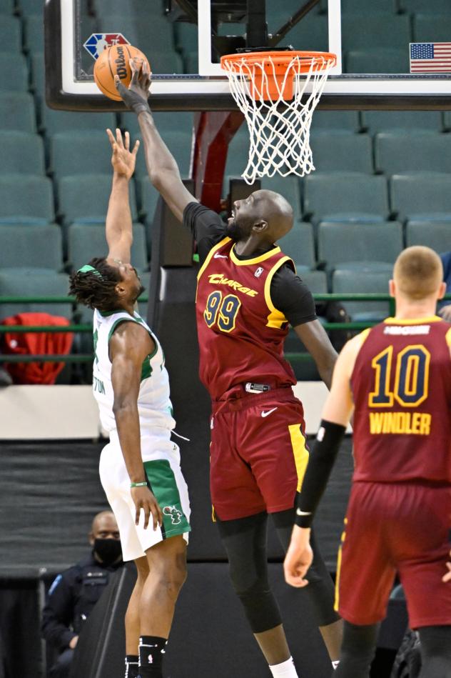Tacko Fall of the Cleveland Charge makes a big block against the Maine Celtics