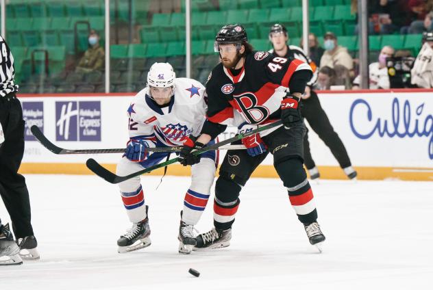 Belleville Senators right wing Scott Sabourin (right) vs. the Rochester Americans