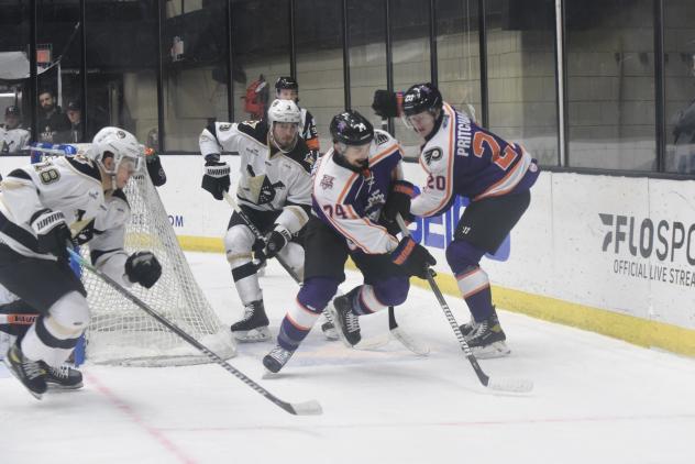 Reading Royals forwards Kenny Hausinger and Jacob Pritchard (right) battle the Wheeling Nailers