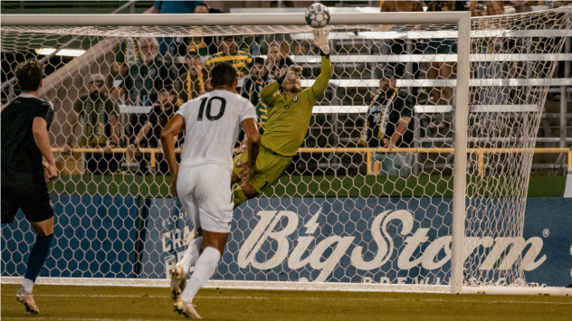 South Georgia Tormenta FC goalkeeper Pablo Jara makes a save against the Tampa Bay Rowdies