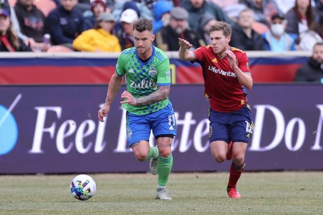 Seattle Sounders FC midfielder Albert Rusnak with possession vs. Real Salt Lake