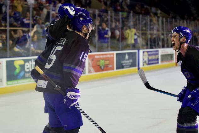 Roanoke Rail Yard Dawgs defenseman Matt O'Dea reacts after a goal