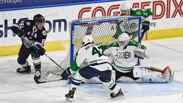 Worcester Railers forward Anthony Repaci scores against the Maine Mariners