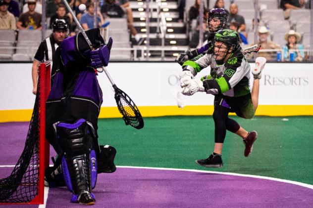 Saskatchewan Rush forward Ryan Keenan flies on a scoring attempt vs. the Panther City Lacrosse Club