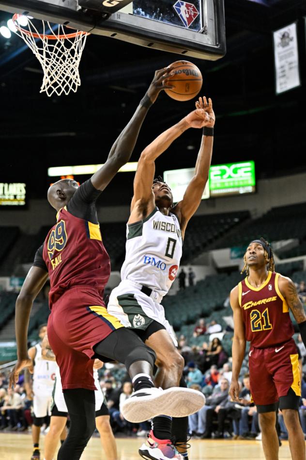 Tacko Fall of the Cleveland Charge reaches for a ball against the Wisconsin Herd