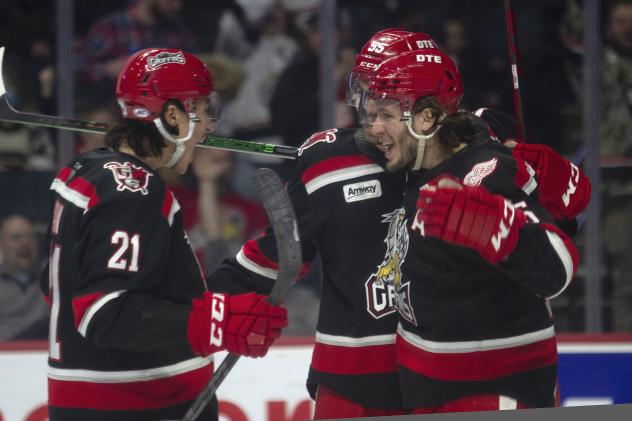 Grand Rapids Griffins react after a goal against the Cleveland Monsters