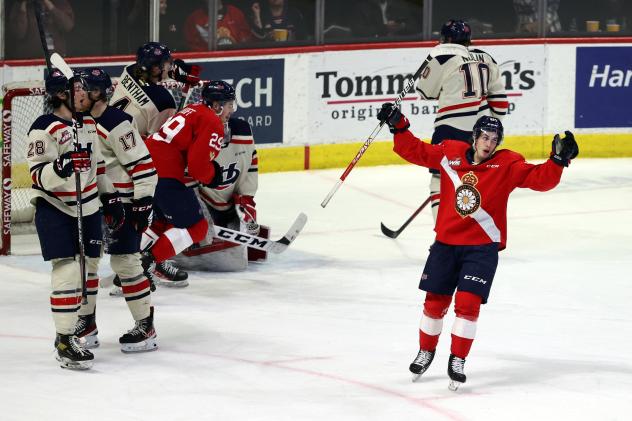 Regina Pats react after a goal against the Lethbridge Hurricanes