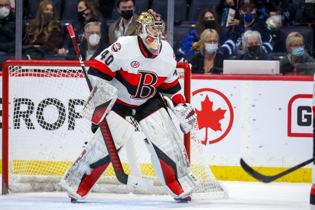 Belleville Senators goaltender Mads Sogaard against the Manitoba Moose