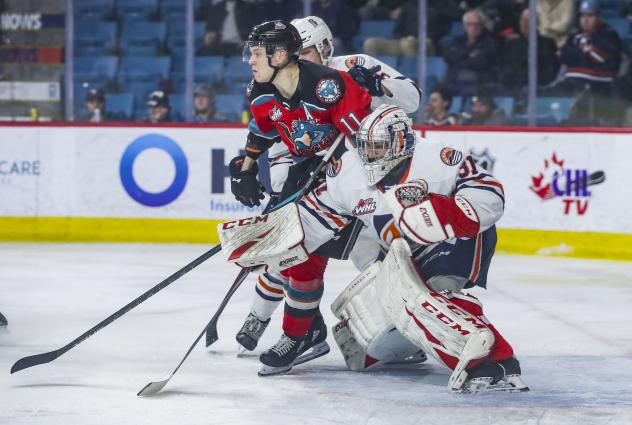 Kelowna Rockets right wing Pavel Novak in traffic against the Kamloops Blazers