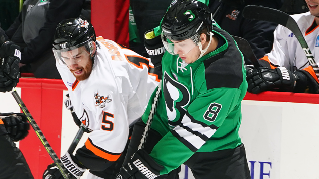 Binghamton Black Bears forward Nikita Ivashkin (right) vs. the Danbury Hat Tricks