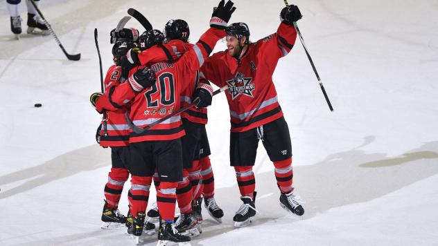 Adirondack Thunder celebrate a goal against the Maine Mariners