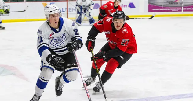 Victoria Royals right wing Anthony Wilson (left) vs. the Prince George Cougars