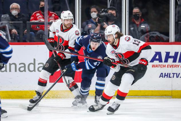 Belleville Senators right wing Egor Sokolov (right) vs. the Manitoba Moose