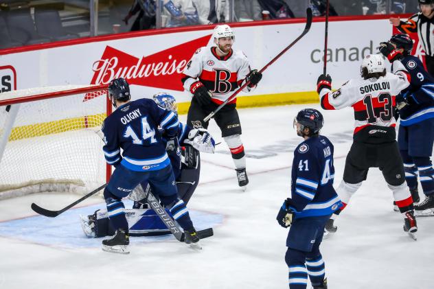 Belleville Senators react after a goal against the Manitoba Moose