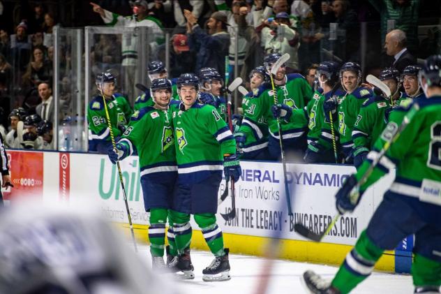 Maine Mariners react after a goal