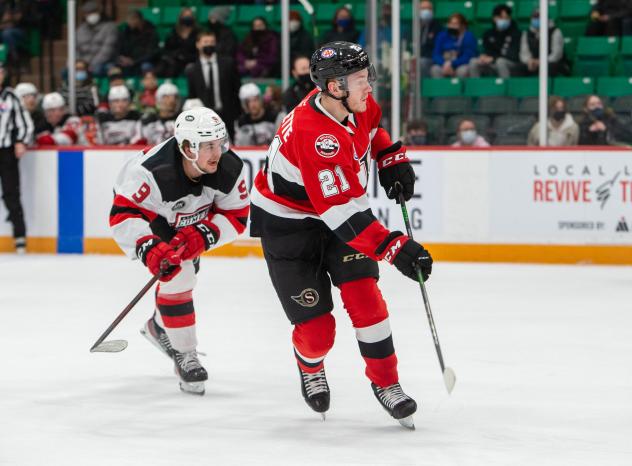 Belleville Senators defenceman Maxence Guenette vs. the Utica Comets